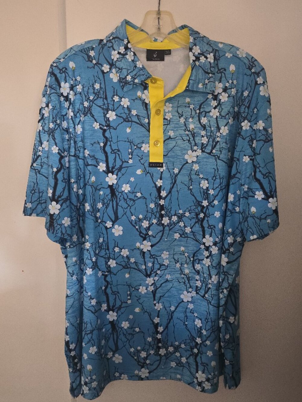 Pavão Almond Blossom Polo Shirt Men's 2XL Blue Floral Van Gogh Print